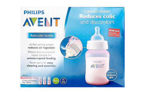 Philips Avent Anti-Colic BPA Free Bottle, Pink, 9oz, Pack of 3
