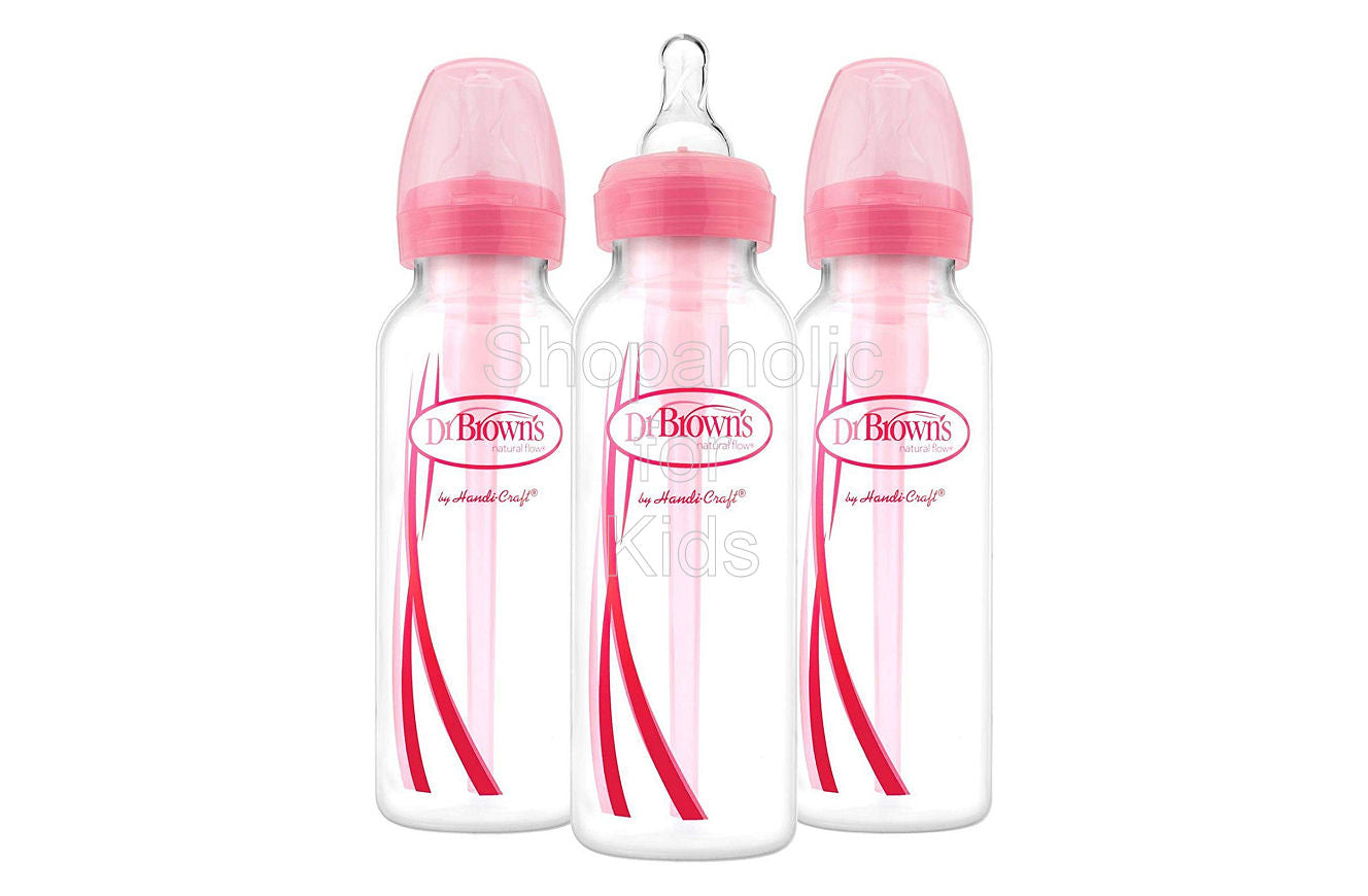 Dr. Brown's Natural Flow Options + Anti-Colic 8oz Pink Feeding Bottles, 0mos+, Pack of 3 - Shopaholic for Kids