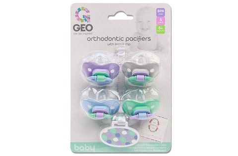 GEO Orthodontic Pacifiers, Pack of 4 plus a Bonus Clip (6mos+)