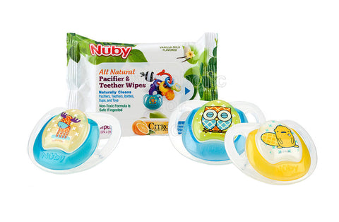 Nuby Comfort Orthodontic Pacifier and Pacifier Wipe Combo 3 Pack, 0-6 Months