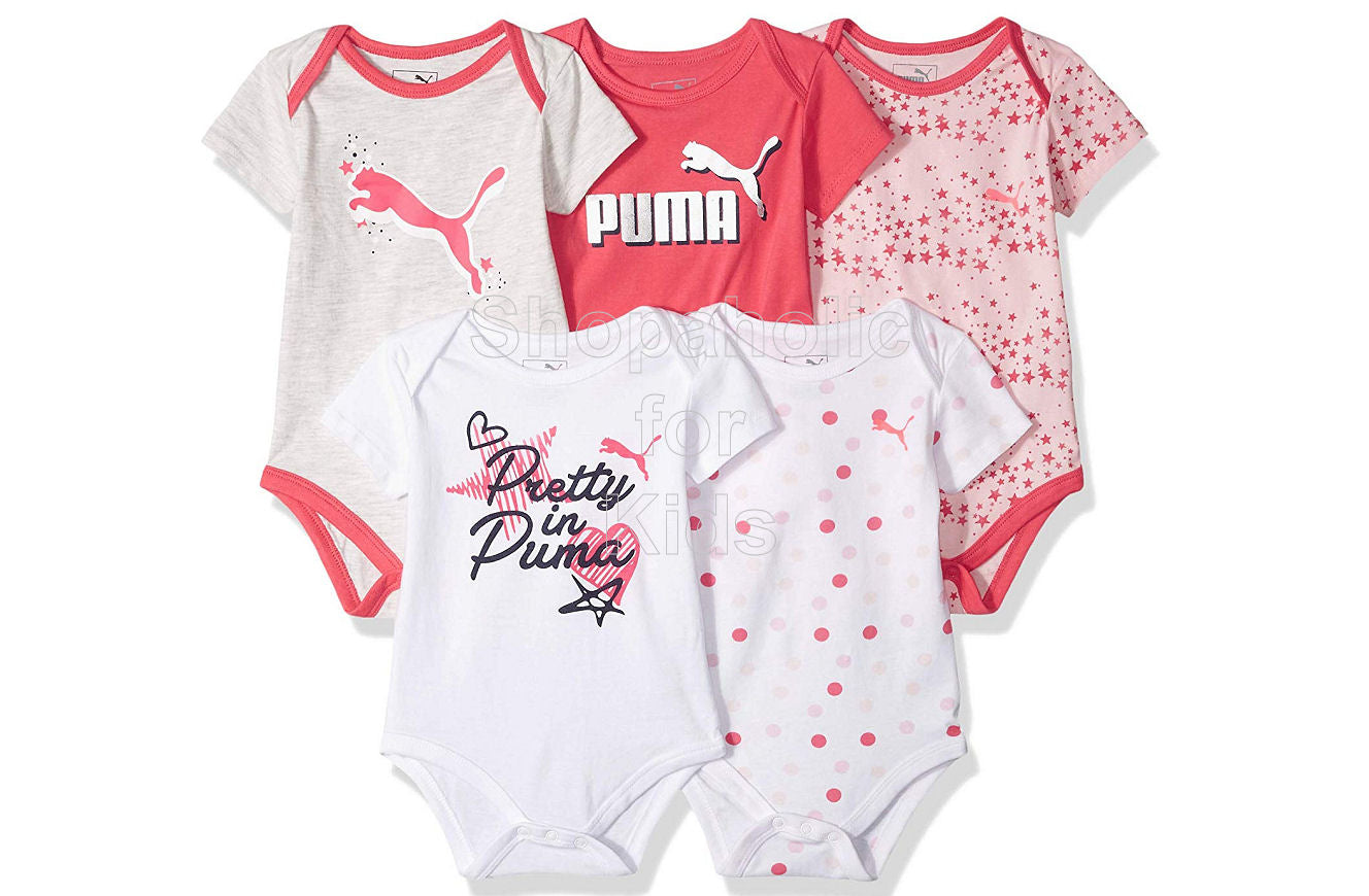 Puma Baby Girls Orange White Short Sleeves Onesies, 3-6mos, Pack of 5 - Shopaholic for Kids