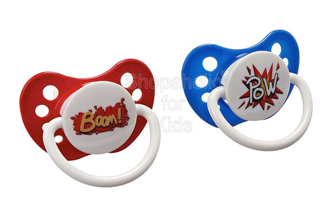 Ulubulu Expression Pacifier Set for Boys, Pow and Boom, 0-6 Months, Pack of 2