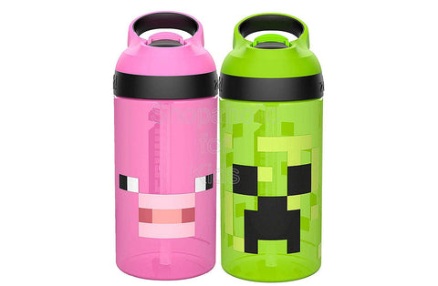 Zak Designs Minecraft Kids Water Bottle with Straw and Built in Carrying Loop Set (Pack of 2pcs)