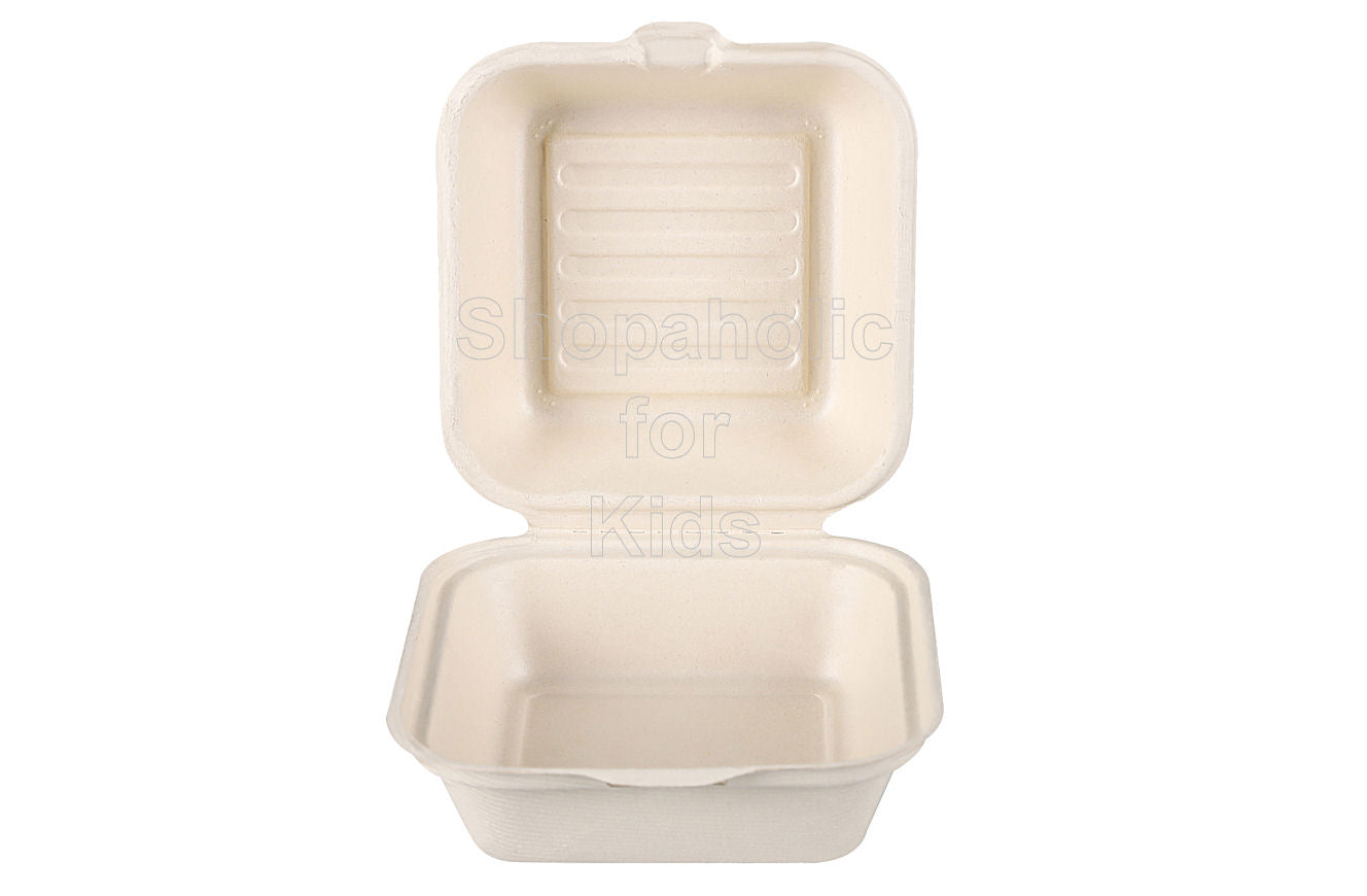 Delish Treats Organic Bagasse Clamshell Takeout Container (6x6 inches) - Pack of 25pcs